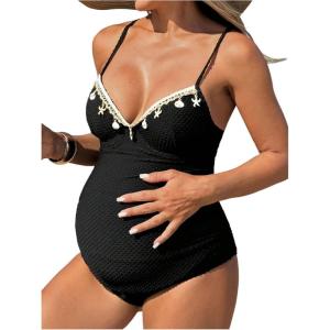 image:imageOYOANGLE Womens Maternity One Piece Swimsuits Textured Shell Decor V Neck Pregnancy Bathing SuitBlack