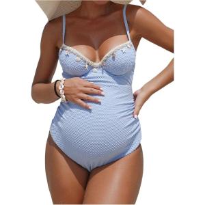 image:imageOYOANGLE Womens Maternity One Piece Swimsuits Textured Shell Decor V Neck Pregnancy Bathing SuitBlue