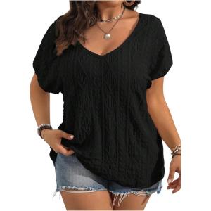 image:imageOYOANGLE Womens Plus Size Short Sleeve Blouse Boho Crochet Lace V Neck Summer Tee TopsBlack