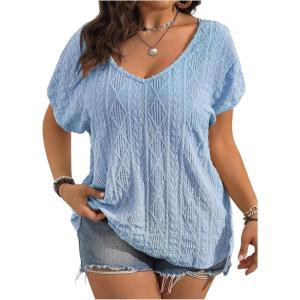 image:imageOYOANGLE Womens Plus Size Short Sleeve Blouse Boho Crochet Lace V Neck Summer Tee TopsBlue
