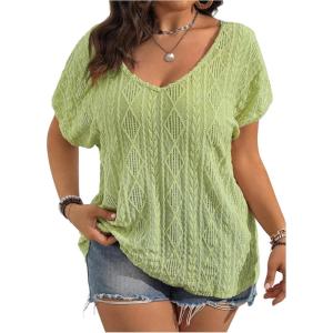 image:imageOYOANGLE Womens Plus Size Short Sleeve Blouse Boho Crochet Lace V Neck Summer Tee TopsGreen