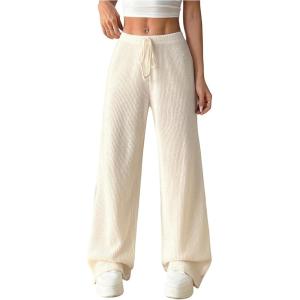 image:imageOYOANGLE Womens Ribbed Lounge Trousers Knit Comfy Drawstring Waist Straight Leg PantsApricot