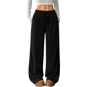 image:imageOYOANGLE Womens Ribbed Lounge Trousers Knit Comfy Drawstring Waist Straight Leg PantsBlack