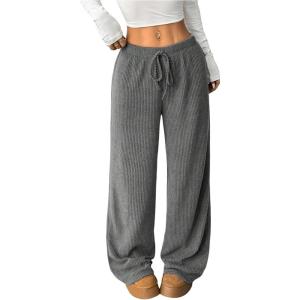 image:imageOYOANGLE Womens Ribbed Lounge Trousers Knit Comfy Drawstring Waist Straight Leg PantsGrey