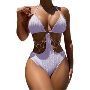 image:imageOYOANGLE Womens Ring Linked Cut Out One Piece Swimsuits Textured Tie Backless Halter Bathing Suit MonokiniPurple