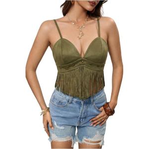 image:imageOYOANGLE Womens Y2K Fringe Sleeveless Spaghetti Strap Faux Suede Vintage Hippie Crop Top BlouseArmy Green
