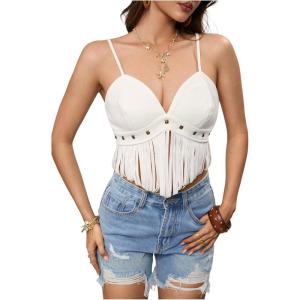 image:imageOYOANGLE Womens Y2K Fringe Sleeveless Spaghetti Strap Faux Suede Vintage Hippie Crop Top BlouseWhite