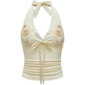 image:imageOYOANGLE Womens Y2k Halter Tank Tops Floral Embroidery Bow Lace Trim Ruched Fitted Sleeveless Going Out TopApricot
