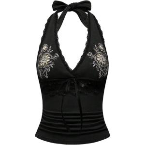 image:imageOYOANGLE Womens Y2k Halter Tank Tops Floral Embroidery Bow Lace Trim Ruched Fitted Sleeveless Going Out TopBlack