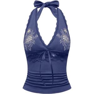 image:imageOYOANGLE Womens Y2k Halter Tank Tops Floral Embroidery Bow Lace Trim Ruched Fitted Sleeveless Going Out TopBlue
