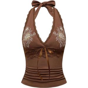 image:imageOYOANGLE Womens Y2k Halter Tank Tops Floral Embroidery Bow Lace Trim Ruched Fitted Sleeveless Going Out TopBrown
