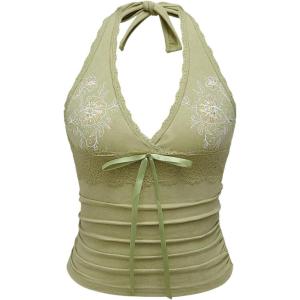 image:imageOYOANGLE Womens Y2k Halter Tank Tops Floral Embroidery Bow Lace Trim Ruched Fitted Sleeveless Going Out TopGreen