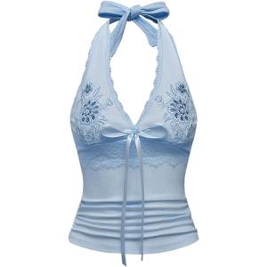 image:imageOYOANGLE Womens Y2k Halter Tank Tops Floral Embroidery Bow Lace Trim Ruched Fitted Sleeveless Going Out TopLight Blue