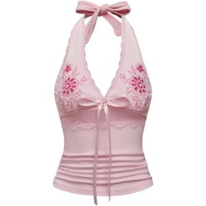 image:imageOYOANGLE Womens Y2k Halter Tank Tops Floral Embroidery Bow Lace Trim Ruched Fitted Sleeveless Going Out TopPink
