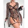 image:imageOYOANGLE Womens 5 Piece Leopard Print Robe Lingerie Set Sexy Lace Trim Bodysuit with Belt GarterMulticolor