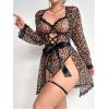 image:imageOYOANGLE Womens 5 Piece Leopard Print Robe Lingerie Set Sexy Lace Trim Bodysuit with Belt GarterMulticolor