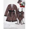 image:imageOYOANGLE Womens 5 Piece Leopard Print Robe Lingerie Set Sexy Lace Trim Bodysuit with Belt GarterMulticolor