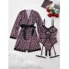 image:imageOYOANGLE Womens 5 Piece Leopard Print Robe Lingerie Set Sexy Lace Trim Bodysuit with Belt GarterPink