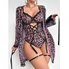 image:imageOYOANGLE Womens 5 Piece Leopard Print Robe Lingerie Set Sexy Lace Trim Bodysuit with Belt GarterPink