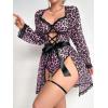 image:imageOYOANGLE Womens 5 Piece Leopard Print Robe Lingerie Set Sexy Lace Trim Bodysuit with Belt GarterPink