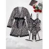 image:imageOYOANGLE Womens 5 Piece Leopard Print Robe Lingerie Set Sexy Lace Trim Bodysuit with Belt GarterWhite