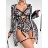 image:imageOYOANGLE Womens 5 Piece Leopard Print Robe Lingerie Set Sexy Lace Trim Bodysuit with Belt GarterWhite