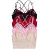 image:imageOYOANGLE Womens 4 Pack Lace Bralettes Criss Cross Cami Bras Unlined Wireless Comfortable Everyday Bra Cute Lace BrasPink Apricot Black