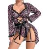 image:imageOYOANGLE Womens 5 Piece Leopard Print Robe Lingerie Set Sexy Lace Trim Bodysuit with Belt GarterPink