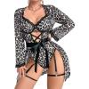 image:imageOYOANGLE Womens 5 Piece Leopard Print Robe Lingerie Set Sexy Lace Trim Bodysuit with Belt GarterWhite