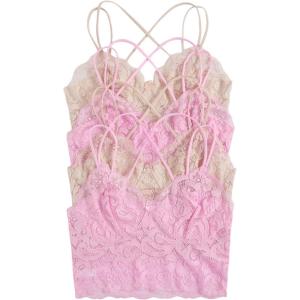 image:imageOYOANGLE Womens 4 Pack Lace Bralettes Criss Cross Cami Bras Unlined Wireless Comfortable Everyday Bra Cute Lace BrasApricot Pink