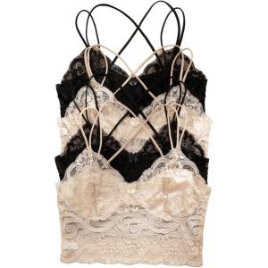 image:imageOYOANGLE Womens 4 Pack Lace Bralettes Criss Cross Cami Bras Unlined Wireless Comfortable Everyday Bra Cute Lace BrasBlack Beige