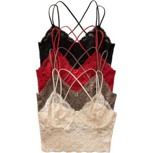 image:imageOYOANGLE Womens 4 Pack Lace Bralettes Criss Cross Cami Bras Unlined Wireless Comfortable Everyday Bra Cute Lace BrasMulticolor