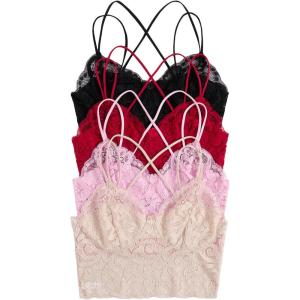 image:imageOYOANGLE Womens 4 Pack Lace Bralettes Criss Cross Cami Bras Unlined Wireless Comfortable Everyday Bra Cute Lace BrasPink Apricot Black