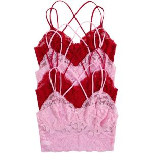 image:imageOYOANGLE Womens 4 Pack Lace Bralettes Criss Cross Cami Bras Unlined Wireless Comfortable Everyday Bra Cute Lace BrasPink Red