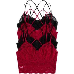 image:imageOYOANGLE Womens 4 Pack Lace Bralettes Criss Cross Cami Bras Unlined Wireless Comfortable Everyday Bra Cute Lace BrasRed Black