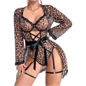 image:imageOYOANGLE Womens 5 Piece Leopard Print Robe Lingerie Set Sexy Lace Trim Bodysuit with Belt GarterMulticolor