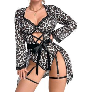 image:imageOYOANGLE Womens 5 Piece Leopard Print Robe Lingerie Set Sexy Lace Trim Bodysuit with Belt GarterWhite