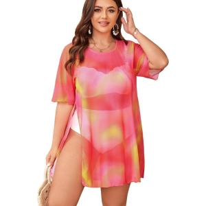 image:imageOYOANGLE Womens Plus Size Bathing Suit Cover Up Mesh Sheer Split Swimsuit Coverup Dress Beach VacationBright Red