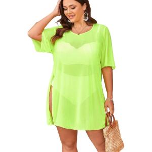 image:imageOYOANGLE Womens Plus Size Bathing Suit Cover Up Mesh Sheer Split Swimsuit Coverup Dress Beach VacationMint Green
