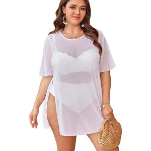 image:imageOYOANGLE Womens Plus Size Bathing Suit Cover Up Mesh Sheer Split Swimsuit Coverup Dress Beach VacationWhite