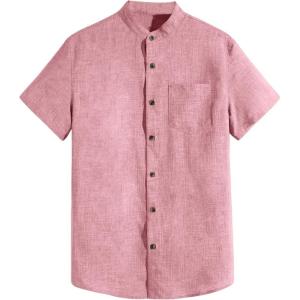 image:imageOYOANGLE Linen Short Sleeve Button Down Shirts Casual Beach Summer ShirtPink