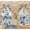 image:imageOYOANGLE Womens Boho Floral Print Crop Halter Top Twist Split Front Ruched Asymmetrical Cami TopWhite Blue