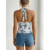 image:imageOYOANGLE Womens Boho Floral Print Crop Halter Top Twist Split Front Ruched Asymmetrical Cami TopWhite Blue