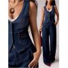 image:imageOYOANGLE Womens Button Down Denim Vest Top V Neck Fitted Jean Tank Tops Trendy WaistcoatBlue