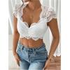 image:imageOYOANGLE Womens Floral Lace Sheer Mesh Y2K Crop Tops Sweetheart Neck Cap Sleeve Ruched Slim Fit Going Out T ShirtsWhite