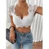 image:imageOYOANGLE Womens Floral Lace Sheer Mesh Y2K Crop Tops Sweetheart Neck Cap Sleeve Ruched Slim Fit Going Out T ShirtsWhite