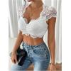 image:imageOYOANGLE Womens Floral Lace Sheer Mesh Y2K Crop Tops Sweetheart Neck Cap Sleeve Ruched Slim Fit Going Out T ShirtsWhite