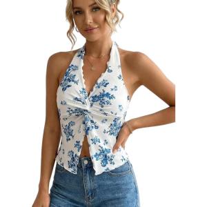image:imageOYOANGLE Womens Boho Floral Print Crop Halter Top Twist Split Front Ruched Asymmetrical Cami TopWhite Blue