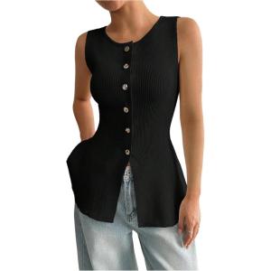 image:imageOYOANGLE Womens Button Front Sleeveless Knitted Top Work Dressy Crew Neck Ribbed Tank Tops KnitwearBlack
