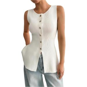 image:imageOYOANGLE Womens Button Front Sleeveless Knitted Top Work Dressy Crew Neck Ribbed Tank Tops KnitwearWhite